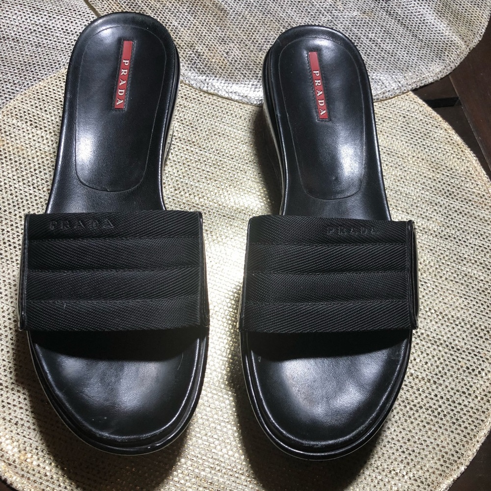 PRADA black patent platform slides